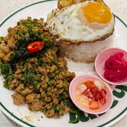 Basil Bowl with ground pork. I added a fried egg for $2 more.