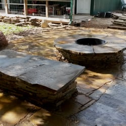 Low Maintenance Landscape - Stone fire pit and seatwall