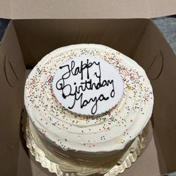 Sugar Bakery - Premade birthday cake- funfetti. They made the plaque while I was waiting