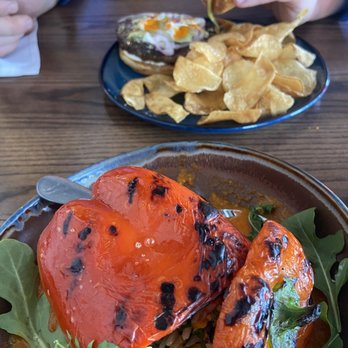 58 West - Stuffed pepper and Bleu burger with chips - Beer, Wine & Spirits Near Me - Logan, Ohio
