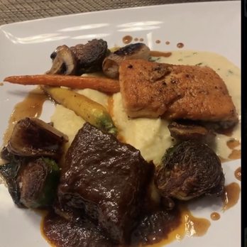 Personal & Private Chef Jon Stokes - Duo of Boneless Beef Short Ribs / Crispy Alaskan Salmon / Buttermilk Yukon Mash Potato / Veggies - Food Delivery Services Near Me Personal & Private Chef Jon Stokes - Duo of Boneless Beef Short Ribs / Crispy Alaskan Salmon / Buttermilk Yukon Mash Potato / Veggies - Food Delivery Services Near Me