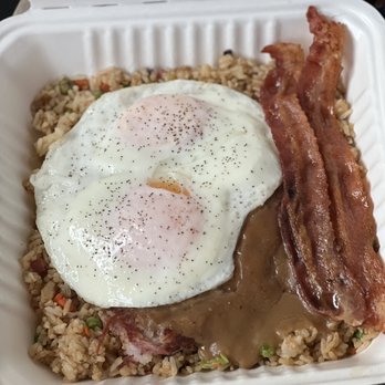 Joe's Grill Express - Joe Moco - homemade corned beef hash, gravy, eggs, 2 strips of bacon, and comes with fried rice! - American Near Me - Honolulu, Hawaii