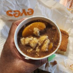 Peach cobbler "soup" very disappointing.