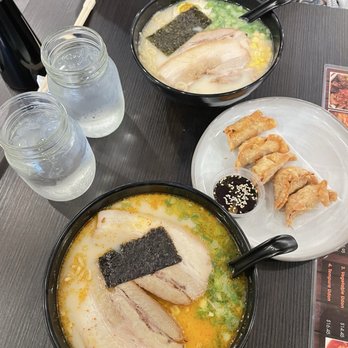 Mirin Kitchen - Tonkotsu Shio Ramen (top), Tonkotsu Mirin Ramen (bottom), Gyoza (right) - Japanese Near Me - Vista, California Mirin Kitchen - Tonkotsu Shio Ramen (top), Tonkotsu Mirin Ramen (bottom), Gyoza (right) - Japanese Near Me - Vista, California