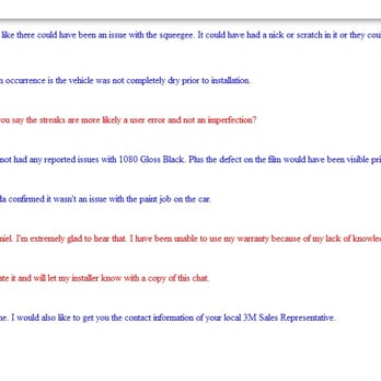 Fuzion Teknique - My chat with Daniel of 3M stating that streaks are due to the installer's mistakes. - Auto Parts & Supplies Near Me - Gardena, California