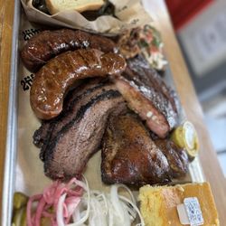 2Fifty Texas BBQ - Sausages (cheese and poblano), brisket, ribs, chicken, pulled pork, corn bread and esquites