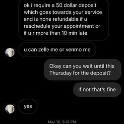 M Beauty BAR - Evidence of her stating her deposit goes towards service ! But she still over charged my mother!