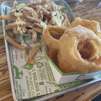 BurgerFi - FRESH-CUT FRIES with TRUFFLE AIOLI and ONION RINGS - Hot Dogs Near Me - Brooklyn, New York