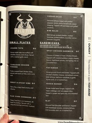 Menu photo 3 Full Tilt Saloon Ouray, CO