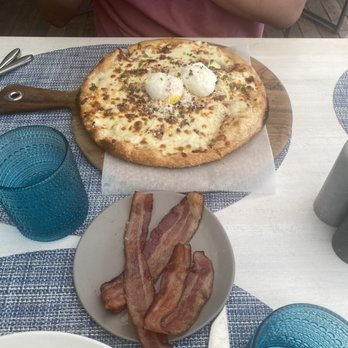 Ocean Social - Bacon, Egg and Cheese Pizza with a side of bacon - Breakfast & Brunch Near Me - Miami Beach, Florida Ocean Social - Bacon, Egg and Cheese Pizza with a side of bacon - Breakfast & Brunch Near Me - Miami Beach, Florida