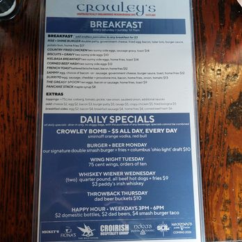 Crowley's - Breakfast and daily specials menu as of February 2026. - Burgers Near Me - Eastlake, Ohio Crowley's - Breakfast and daily specials menu as of February 2026. - Burgers Near Me - Eastlake, Ohio