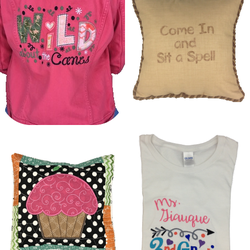 Sew Dreams Come True - Appliqued and Embroidered Creations: Jean jacket with appliques, two embroidered throw pillows and an embroidered  t-shirt.