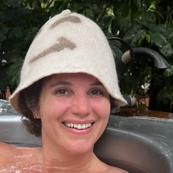 Cure Kaua'i Sauna - Racquel one of the owners- the sauna hat keeps your head cooler - for real! - Saunas Near Me - Kilauea, Hawaii