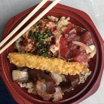Local Boy Sushi - LBS special of Spicy Ahi Tuna, smoked pork, and Ahi poke with shrimp tempura - Japanese Near Me - Kaneohe, Hawaii Local Boy Sushi - LBS special of Spicy Ahi Tuna, smoked pork, and Ahi poke with shrimp tempura - Japanese Near Me - Kaneohe, Hawaii