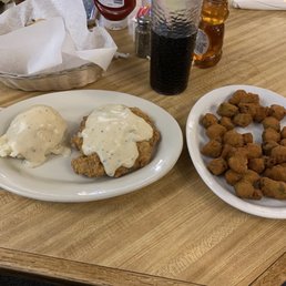 chicken fried steak with mashed potatoes & fried okra chicken fried steak with mashed potatoes & fried okra