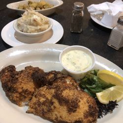 Chase’s Riverside Dining - Cajun fried haddock, garlic mashed potatoes and fried okra