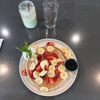 Garden's Gate Cafe - Strawberry banana pancakes with banana cream matcha - Breakfast & Brunch Near Me - San Jose, California Garden's Gate Cafe - Strawberry banana pancakes with banana cream matcha - Breakfast & Brunch Near Me - San Jose, California
