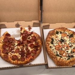Gourmet meats and a spinach/ tomato mushroom pizza. Delicious!!! Medium pizzas