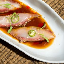 The Brixton - Hamachi Crudo paper thin Serrano Chile, Ponzu