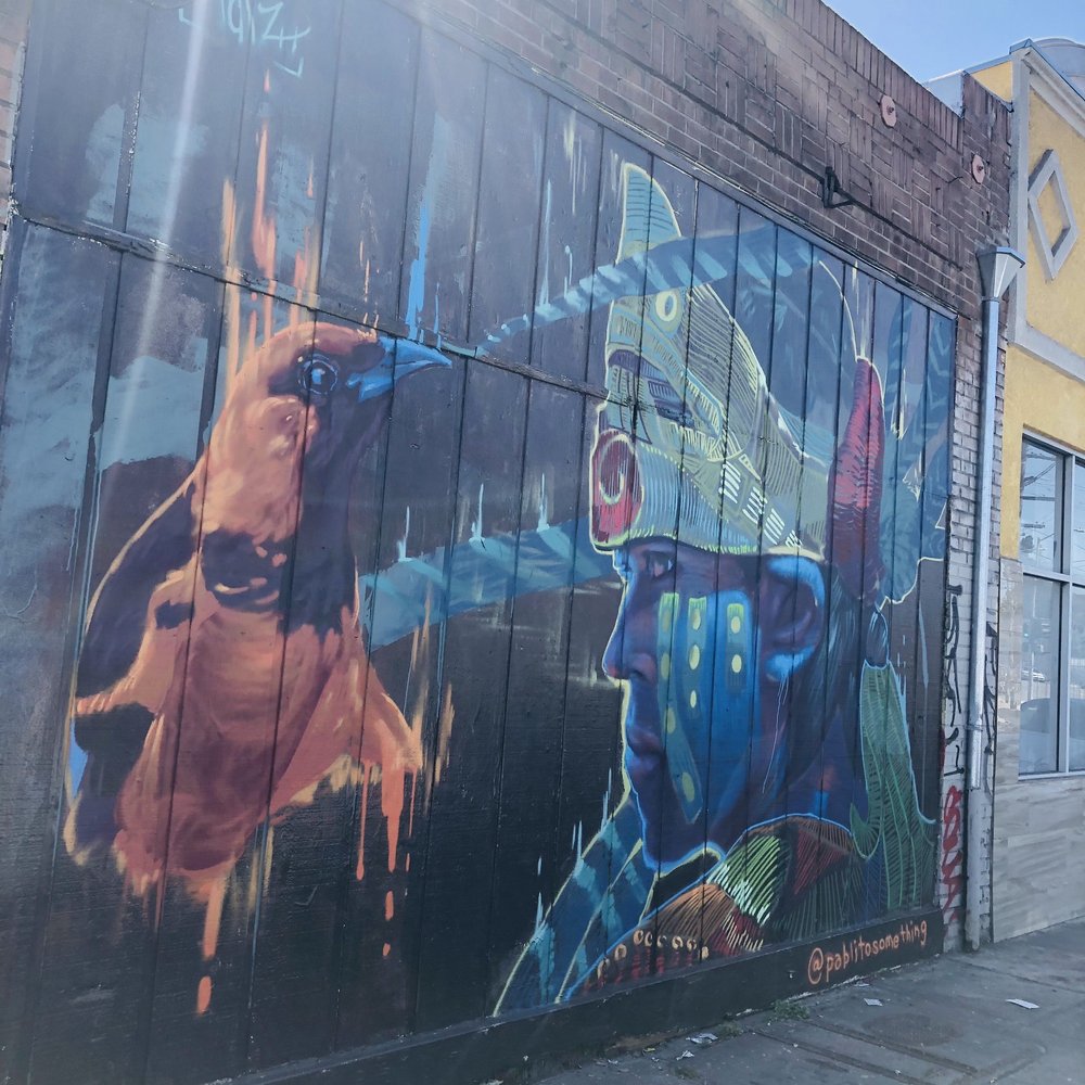 Scarlet Macaw mural - Macaw facing an adversary. - Public Art Near Me - Oakland, California