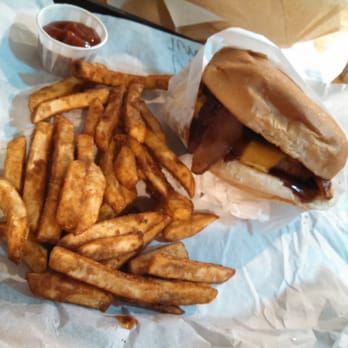 Get The Burger - Deluxe burger and small order of crispy fries. This burger comes with BBQ sauce, bacon, onion rings and cheese. - Burgers Near Me - Big Bear Lake, California Get The Burger - Deluxe burger and small order of crispy fries. This burger comes with BBQ sauce, bacon, onion rings and cheese. - Burgers Near Me - Big Bear Lake, California