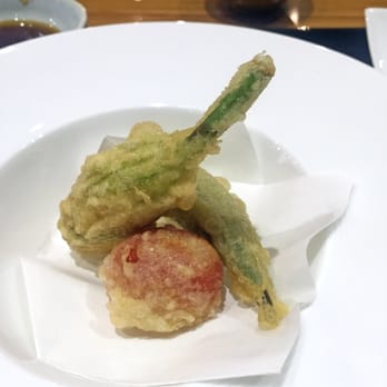 Tojo's - tempura of cherry tomato, okra and zucchini stuffed with ling cod and scallop - Japanese Near Me - Vancouver, British Columbia Tojo's - tempura of cherry tomato, okra and zucchini stuffed with ling cod and scallop - Japanese Near Me - Vancouver, British Columbia
