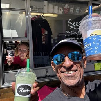 Niche Cafes - Green goddess on the left and strawberry/banana smoothie with plant protein, oat milk, and honey. - Coffee & Tea Near Me - Los Angeles, California