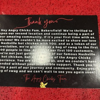 Angry Chickz  - Thank you note - Chicken Shop Near Me - Bakersfield, California