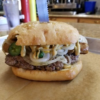 Al's Hamburger Shop - Tailgate burger ~ patty, cheese curds, jalepenos, sauteed onions, and a bratwurst. Hellooo Wisconsin! - Burgers Near Me - Green Bay, Wisconsin Al's Hamburger Shop - Tailgate burger ~ patty, cheese curds, jalepenos, sauteed onions, and a bratwurst. Hellooo Wisconsin! - Burgers Near Me - Green Bay, Wisconsin