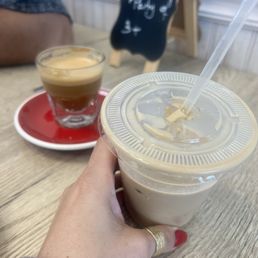 Cortadito and ice rasberry latte