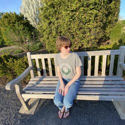Salon Beautiful - Me with my new haircut on a bench
