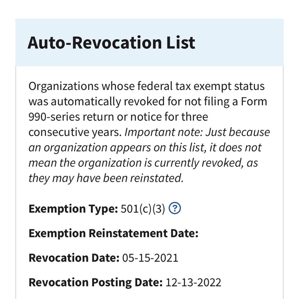 Their 501(c)(3) status has been REVOKED by the IRS and yet, they are falsely advertising online that they are a no-profit!!