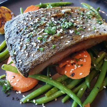 NapaSport Steak House - 10 oz Salmon! A tad over and veggies needed a few more minutes, but delicious. - New American Near Me - Napa, California NapaSport Steak House - 10 oz Salmon! A tad over and veggies needed a few more minutes, but delicious. - New American Near Me - Napa, California