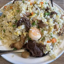 Beef, Chicken and Shrimp Fried Rice. Beef, Chicken and Shrimp Fried Rice.