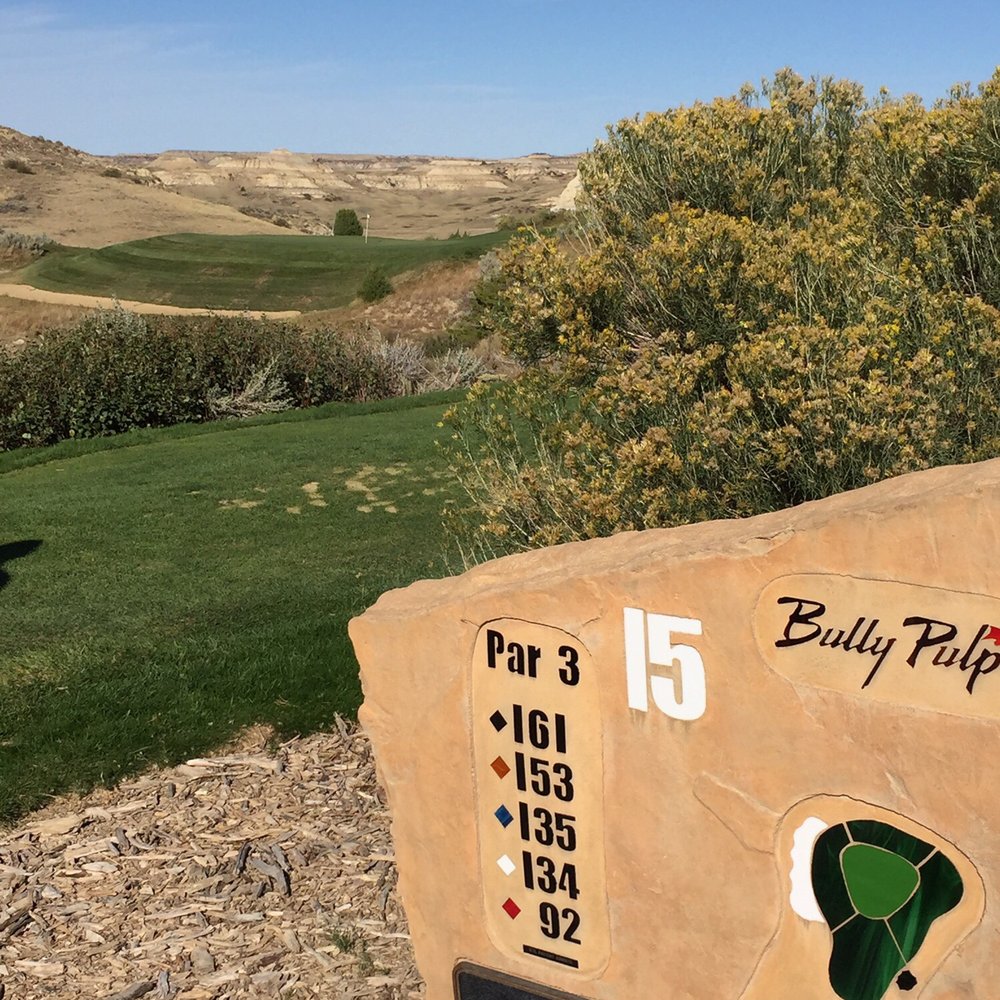 Bully Pulpit Golf Course - Challenging elevated green across a ravine. - Golf Near Me - Medora, North Dakota Bully Pulpit Golf Course - Challenging elevated green across a ravine. - Golf Near Me - Medora, North Dakota