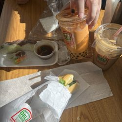 Baguette Deli - Bbq pork spring rolls, Thai tea with boba, iced coffee, house special sandwich.