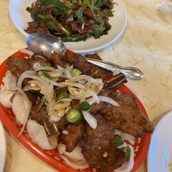 China Stix Restaurant - Beef with Ginger and Green Onion ( in the back ) Salt and Pepper Spareribs( front dish , not recommended) - Chinese Near Me - Santa Clara, California China Stix Restaurant - Beef with Ginger and Green Onion ( in the back ) Salt and Pepper Spareribs( front dish , not recommended) - Chinese Near Me - Santa Clara, California