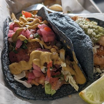 Blue Corn Tacos - Shrimp fajita house specialty taco and beer batter house specialty fish taco - Mexican Near Me - Longmont, Colorado