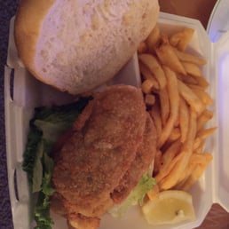 Daily special: fried oyster sandwich with fries Daily special: fried oyster sandwich with fries