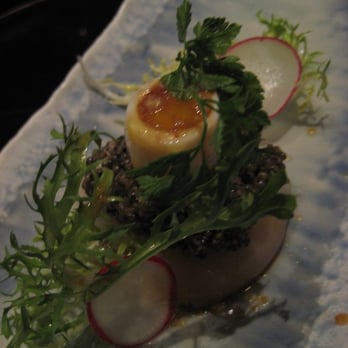 Wakuriya - hotate no aemono (scallop salad) with tonburi ("vegetable caviar " boiled broom cypress seeds) and quail egg - Japanese Near Me - San Mateo, California