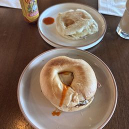 Bacon, egg, and cheese on a bagel, sausage, egg, and cheese on an english muffin with added cholula.