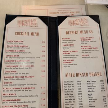 Pastas Trattoria - Cocktail menu September 2026 - Italian Near Me - Pleasanton, California