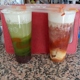 Left: Matcha Macchiato Right: Strawberry Black Tea Macchiato Left: Matcha Macchiato Right: Strawberry Black Tea Macchiato