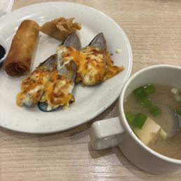 Spring rolls, baked mussels, Miso Soup Spring rolls, baked mussels, Miso Soup
