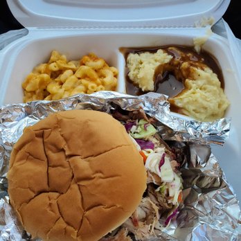 Beameup BBQ & Cafe - Pulled pork sandwich with coleslaw, mac n cheese, and mashed potatoes. Carolina slaw served on the side - Barbeque Near Me - Lexington, Virginia