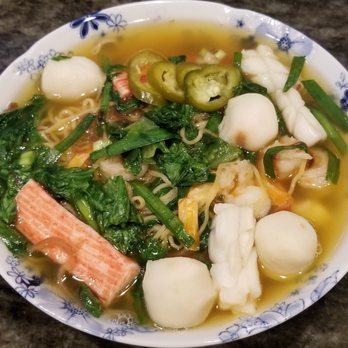 Hue Ky Mi Gia - Seafood Egg Noodle Soup, soup style, plated at home - Chinese Near Me - Kent, Washington