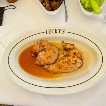 Luckys Steakhouse - Roast Chicken, One Half, Thyme Au Jus - Steakhouses Near Me - Montecito, California Luckys Steakhouse - Roast Chicken, One Half, Thyme Au Jus - Steakhouses Near Me - Montecito, California