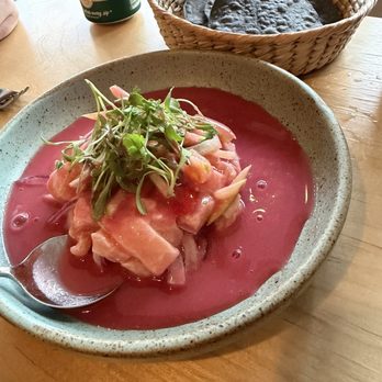 Origen - Ceviche de salmon con leche de Tigre de Jamaica - New Mexican Cuisine Near Me - San Diego, California Origen - Ceviche de salmon con leche de Tigre de Jamaica - New Mexican Cuisine Near Me - San Diego, California