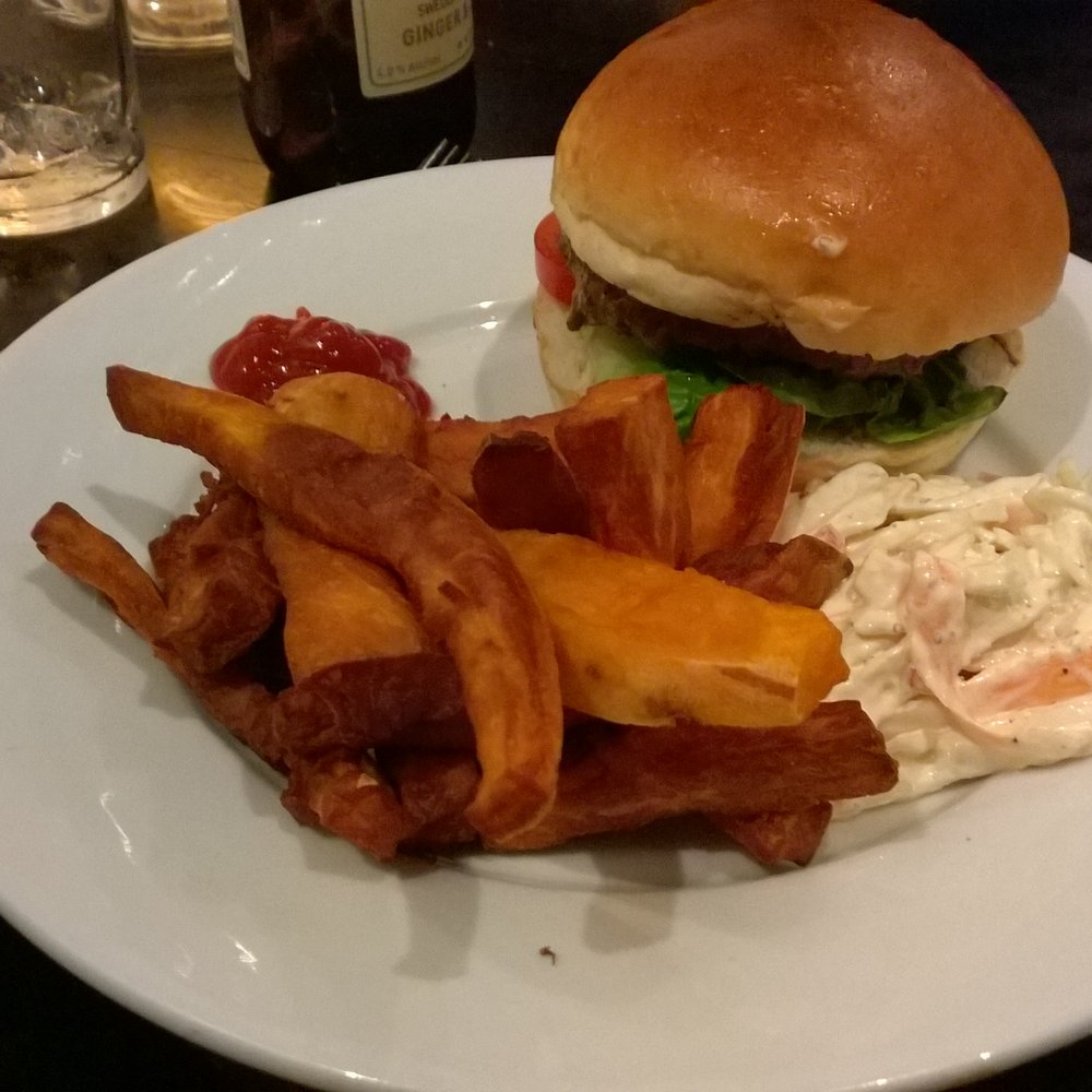 The boyfriends hamburger, sweet potato fries and cole slaw