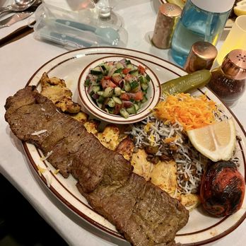 Daryoush - Super Barg - Filet mignon and chicken thigh with saffron lentil raisin rice, Salad-E-Shirazi - Persian/Iranian Near Me - Walnut Creek, California